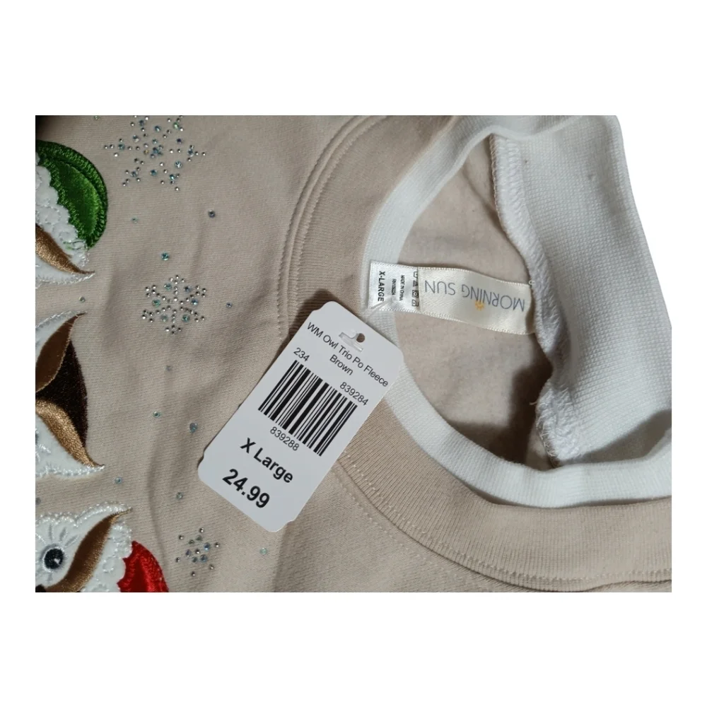 Vintage Morning Sun Embellished Owl Christmas Sweatshirt Embroidered NOS/ NWT XL - Picture 7 of 8